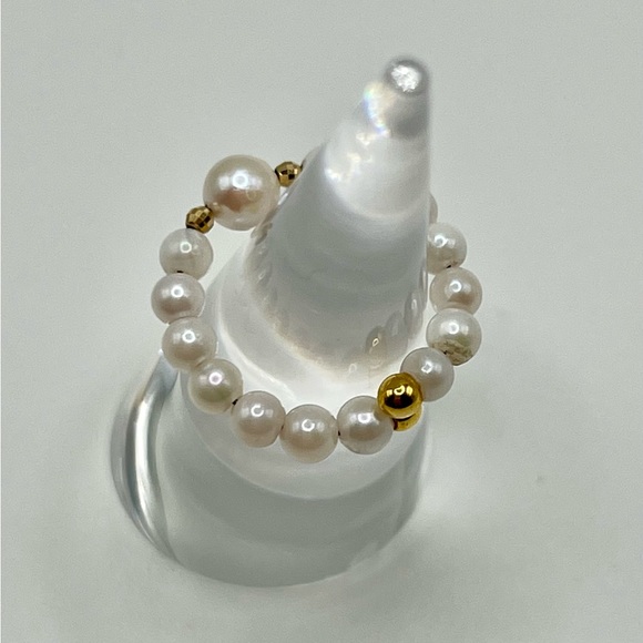 ❣️ Japan 18K Real Yellow Gold Ring Baby Akoya Pearl Stretchable ❣️ - Picture 3 of 6